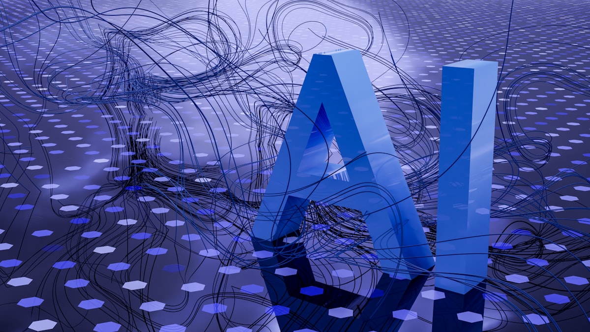 3D letters AI surrounded by a digital neural network